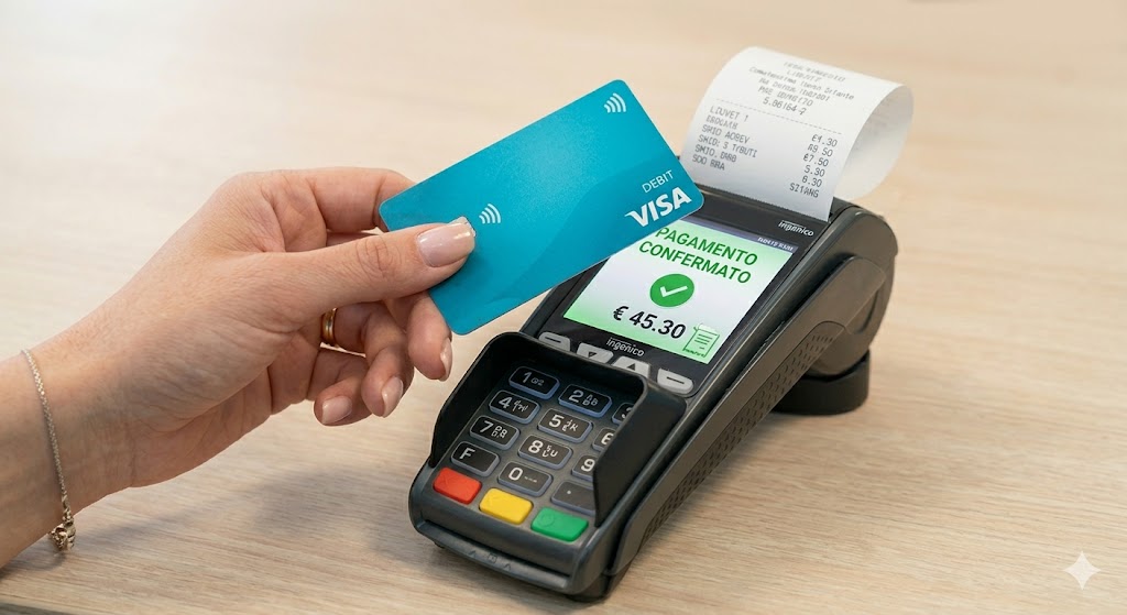 Primo piano pagamento contactless su terminale POS al bancone